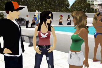 Avatars around pool in Virtual Laguna Beach