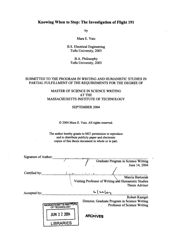 Cover page of Mara Vatz's thesis "Investigation of Flight 191"