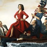 Poster of cast from Veep, like Washington cross the Delaware