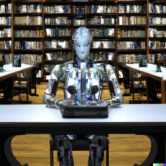 Symmetrical hyperrealistic photo of a cyborg writing in a library