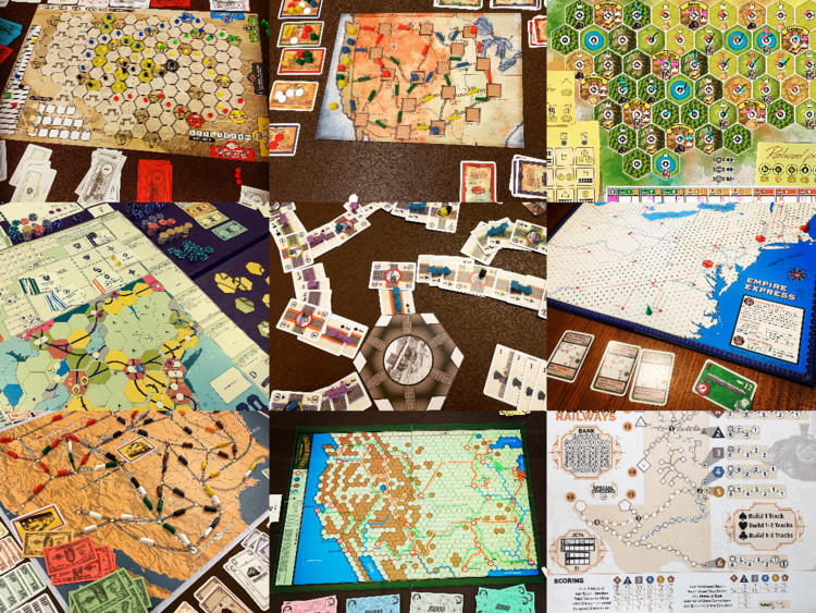 A collage of nine photographs of train-themed board games