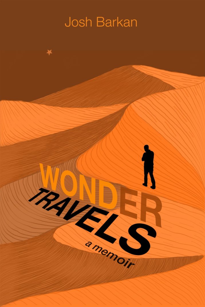 Book cover for Wonder Travels showing a small figure in silhouette walking across sand dune ridges.