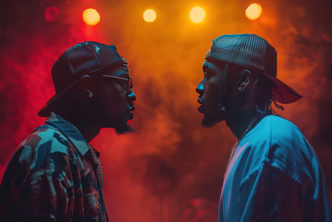 Two rappers engaged in a battle rap in the middle of the empty stadium stage