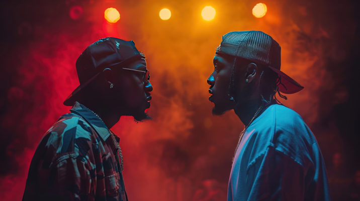 Two rappers engaged in a battle rap in the middle of the empty stadium stage